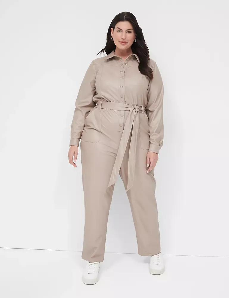 Lane Bryant Long-Sleeve Stretch Faux-Leather Jumpsuit Taupe