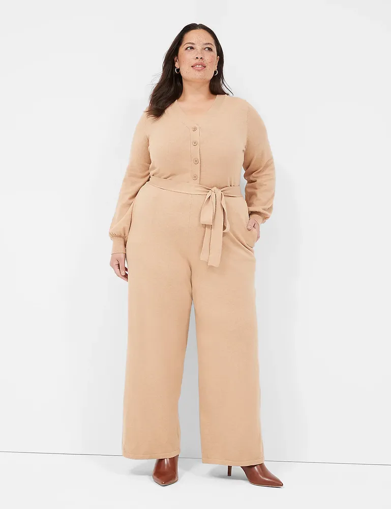Lane Bryant Button-Front Wide Leg Sweater Jumpsuit 26/28 Taupe