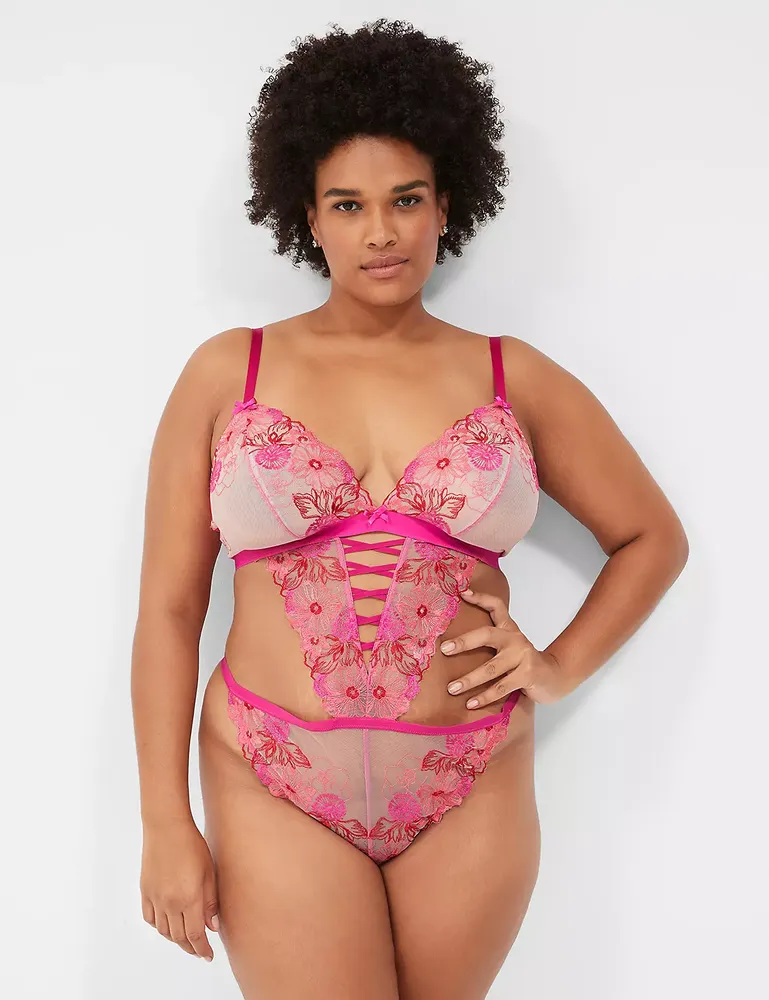 Lane Bryant Embroidered Lace-Up Bodysuit / Rose