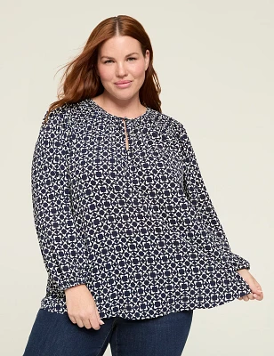 Split-Neck Smocked-Shoulder Blouse