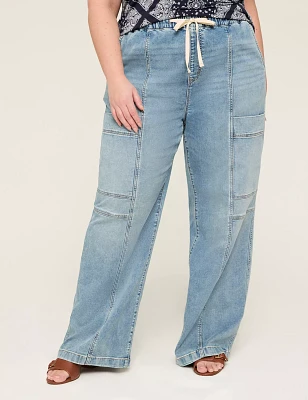 Pull-On High-Rise Knit Denim Straight Leg Cargo Jean