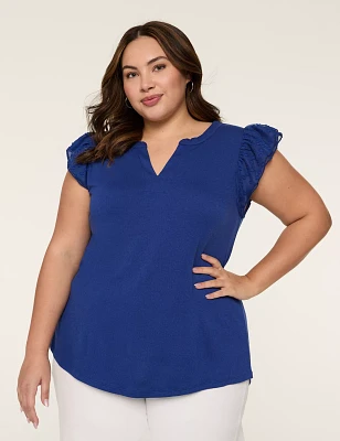 Clip Dot & Crinkle Knit Notch-Neck Top