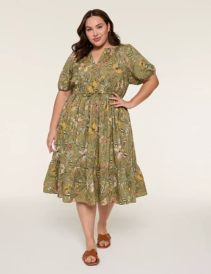 Puff-Sleeve Tie-Waist Midi Dress