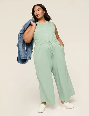 Button-Front Tie-Waist Jumpsuit
