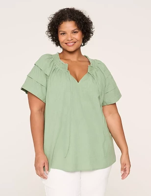 Smocked Split-Neck Popover Blouse