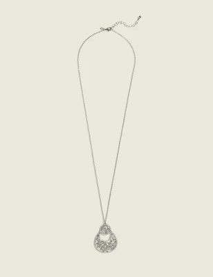 Silvertone Pave & Filigree Pendant Necklace