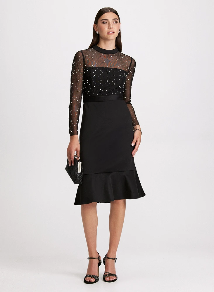 Pearl Embellished Mesh Detail Dress