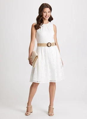 Belted Fit-&-Flare Crochet Dress