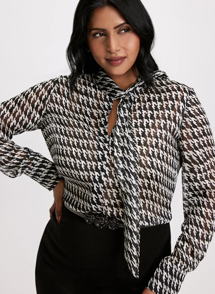 Houndstooth Print Chiffon Blouse