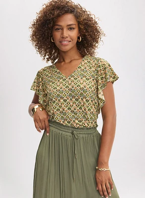 Geometric Print Ruffle Sleeve Top