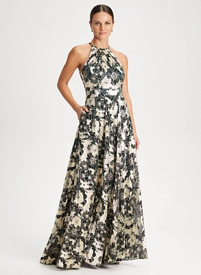 Metallic Floral Motif Dress