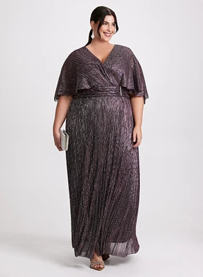 Metallic Cape Sleeve Plissé Dress