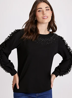 Ruffle Sleeve Rhinestone Embellished Top