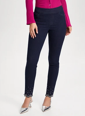 Rhinestone Detail Pull-On Jeans