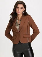 Vegan Leather Detail Single-Button Blazer