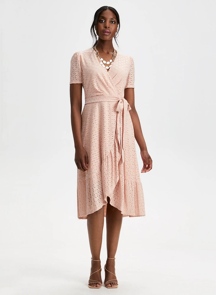 Eyelet Motif Faux-Wrap Dress