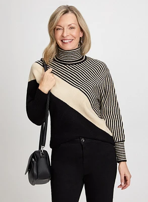 Stripe Print Turtleneck Sweater