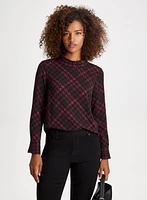 Plaid Print Cowl Neck Blouse