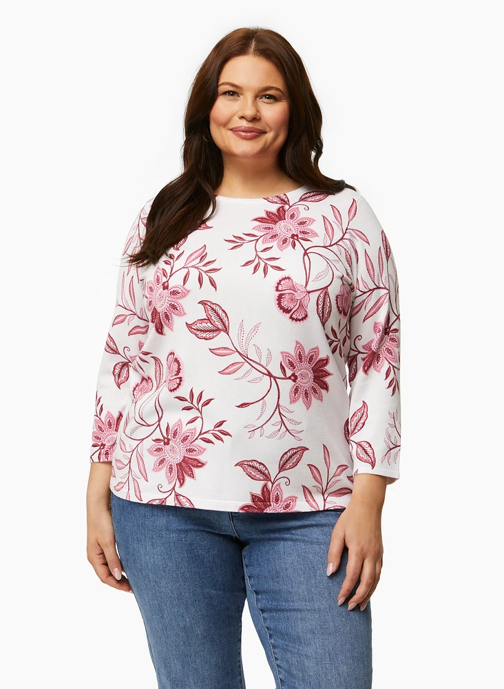 Boat Neck Floral Motif Sweater