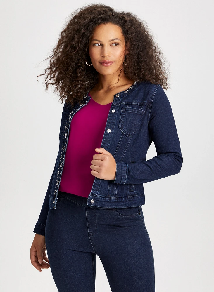 Rhinestone Cluster Trim Denim Jacket