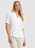 Linen-Blend Button-Up Blouse