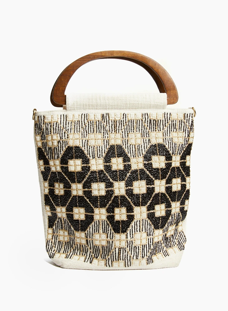 Geometric Motif Beaded Canvas Tote