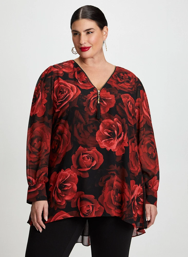 Zip Front Floral Print Blouse