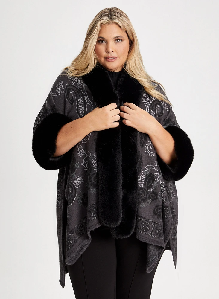 Paisley Print Faux Fur Poncho