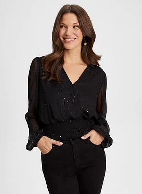 Sequin Detail Mesh Sleeve Top