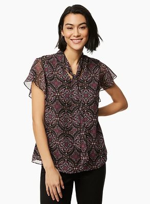 Medallion Print Tie Neck Blouse