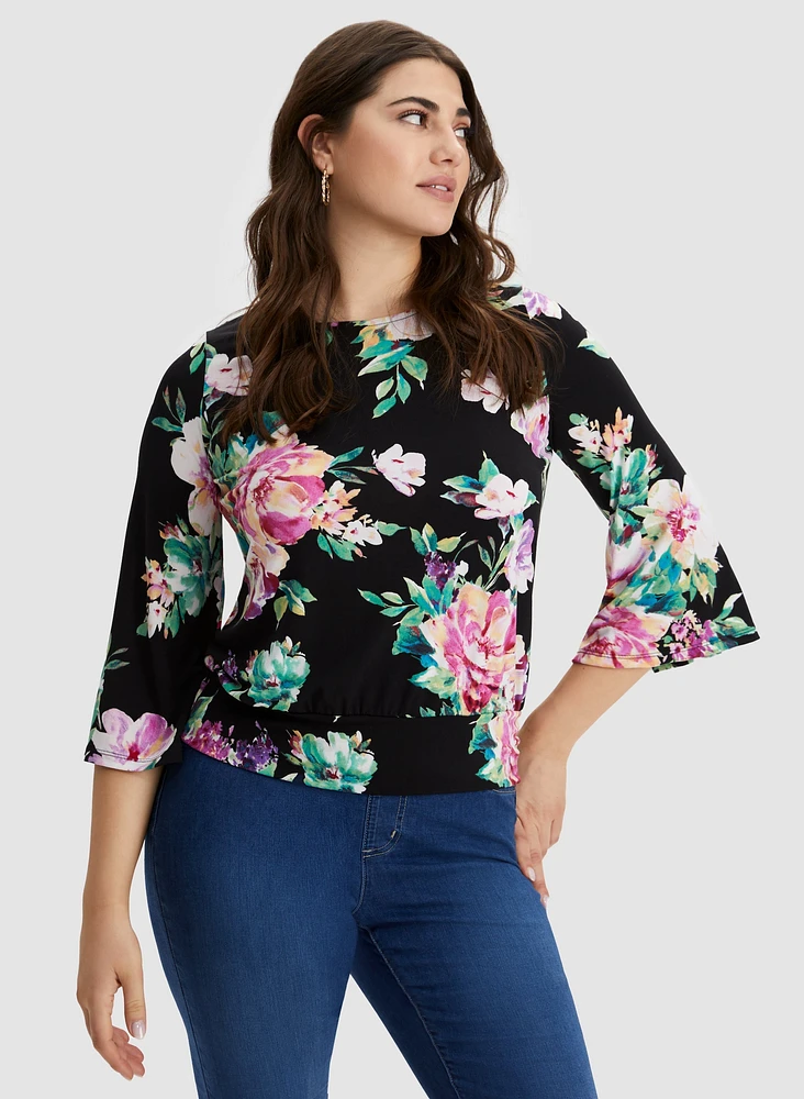 Floral Print 3/4 Bell Sleeve Top