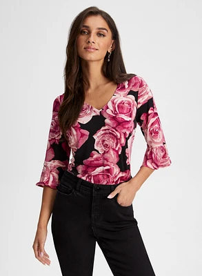 Rose Print 3/4 Sleeve Top