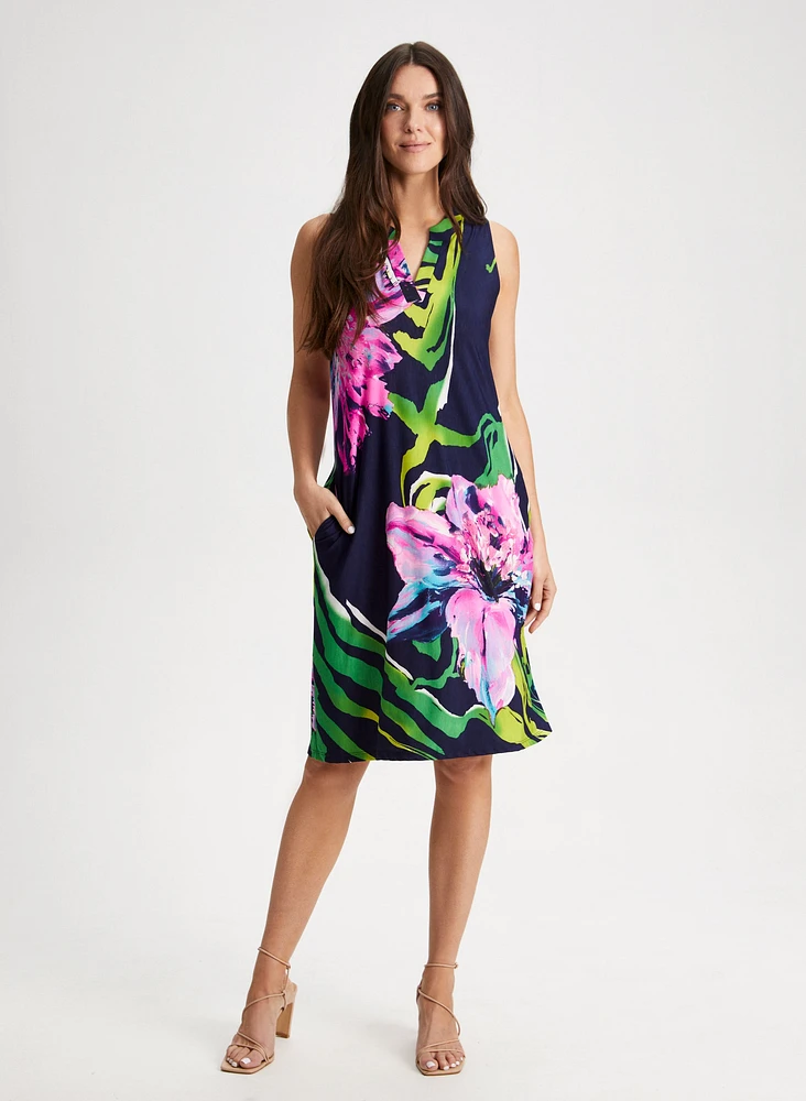 V-Neck Tropical Print Dress