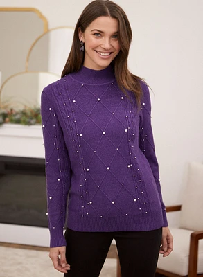 Pearl Detail Cable Knit Sweater