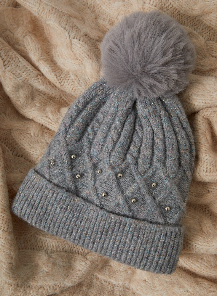 Removable Pom Pom Cable Knit Hat