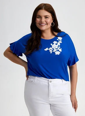 Ruffle Sleeve Floral Detail Top