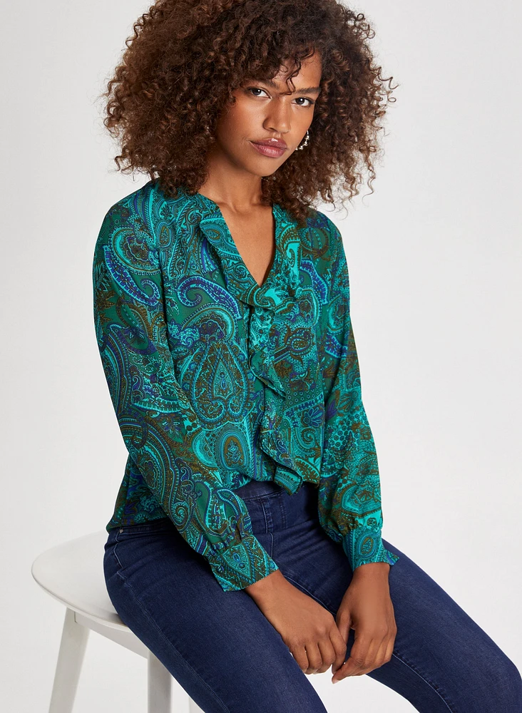 Paisley Print Ruffle Blouse