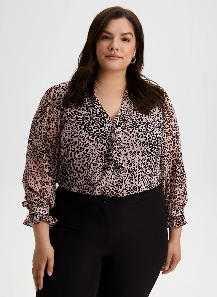 Leopard Print Ruffle Front Blouse