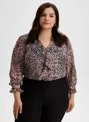 Leopard Print Ruffle Front Blouse