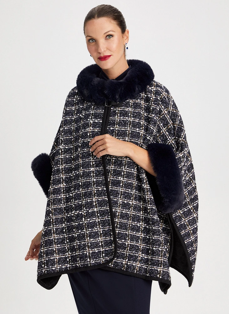 Faux Fur Collar Tweed Poncho