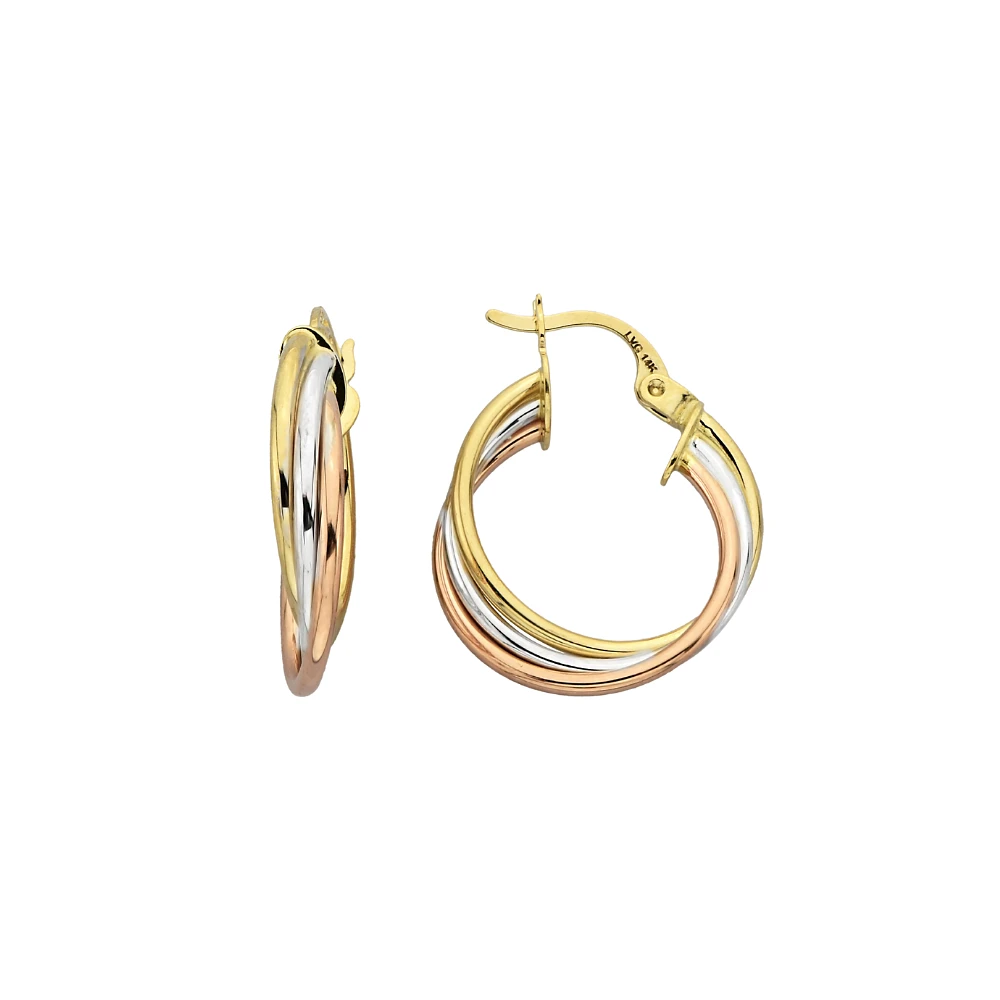 14K 3 TONES GOLD HOOPS - 15X3MM