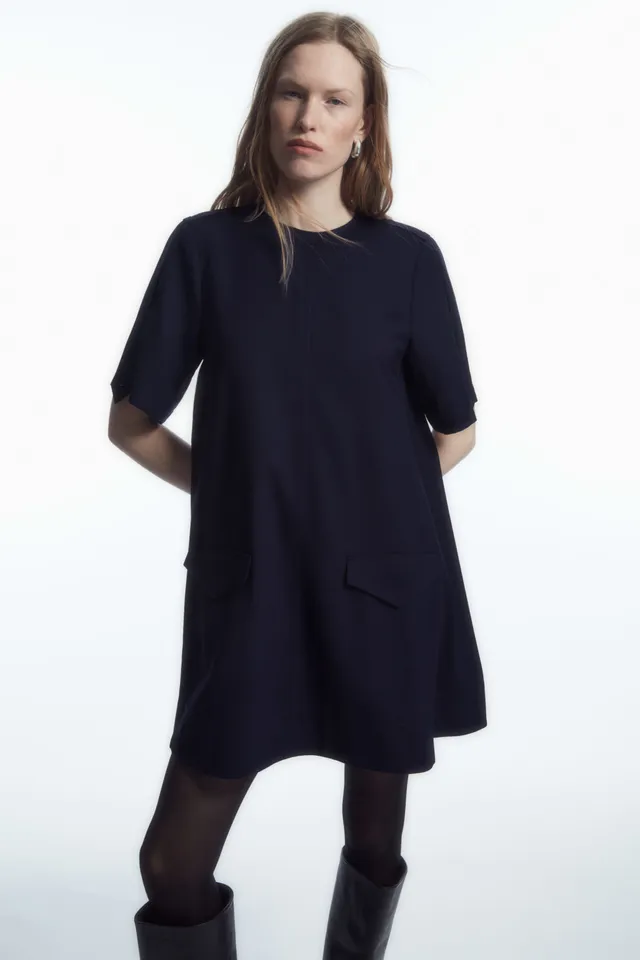 COS COS PUFF-SLEEVE BELTED DRESS - NAVY - Dresses - COS 135.00