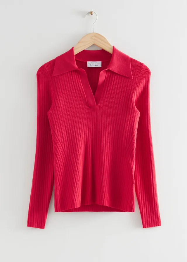 Oasis Long Sleeve Red Rib Knit Top Size XS