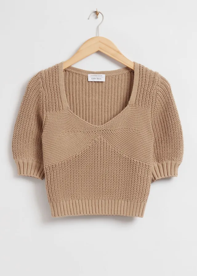 Cropped Sweetheart Bustier Knit Top - Cream - Tops & T-shirts