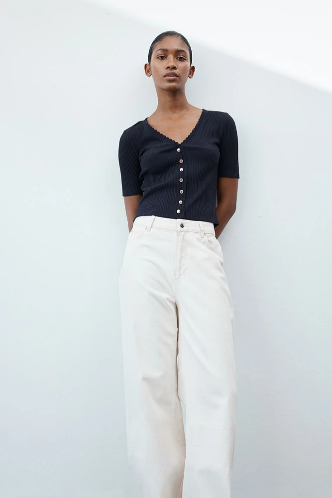 Ribbed Button-front Top