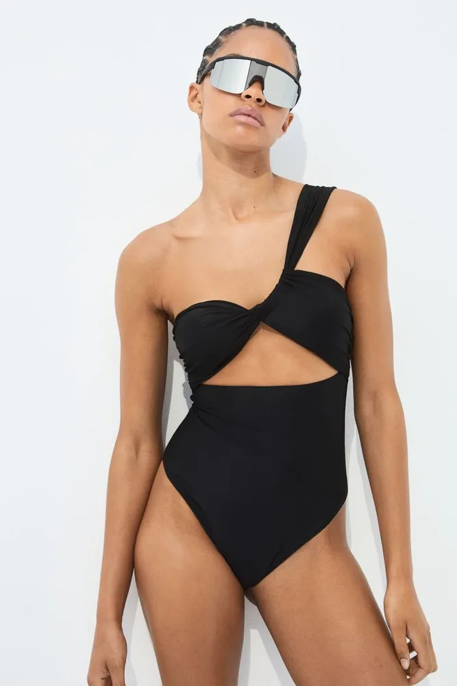 ASOS DESIGN asymmetric one shoulder high leg swimsuit in black