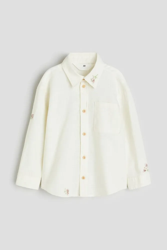 Embroidered-motif Linen-blend Shirt