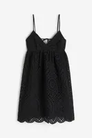 Ladies - Black Gathered Eyelet Embroidery Dress - Size: Xs - H&M