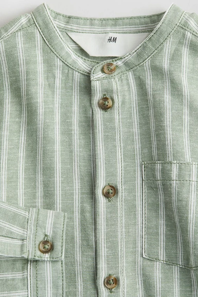 Linen-blend Band Collar Shirt