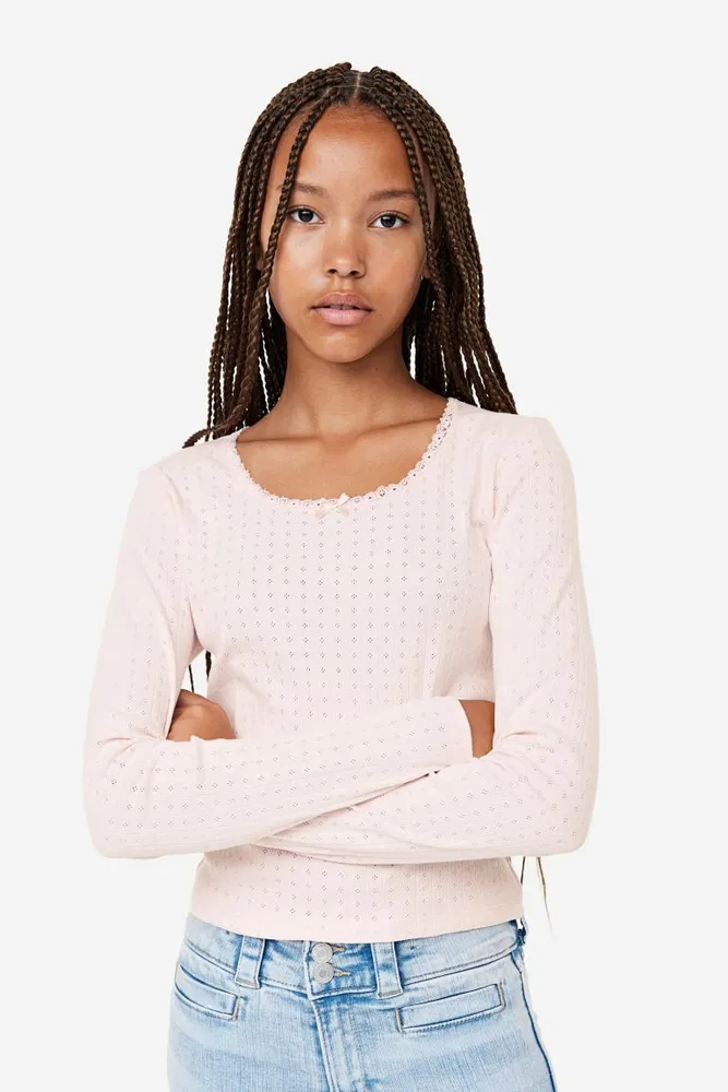 Button-front pointelle jersey top - Dusty pink - Ladies